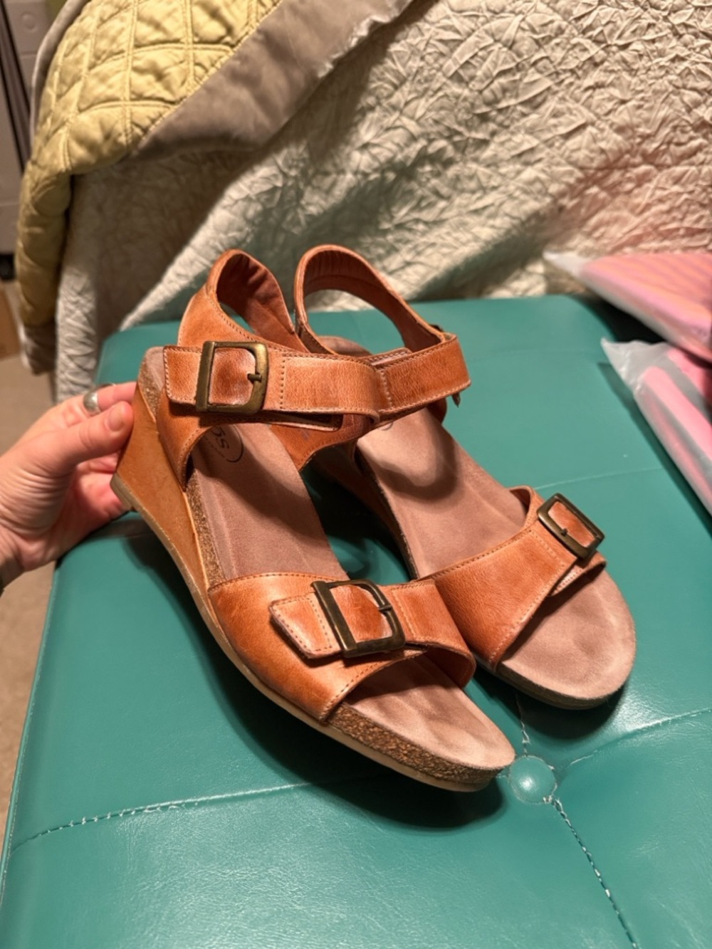 Taos Footwear Cognac Leather Wedge Sandals with Buckles